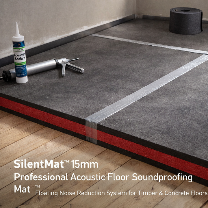 SilentMat™ 15mm Professional Acoustic Floor Soundproofing Mat displayed on a wooden sub-floor with joints taped and a sealant gun, highlighting its noise reduction and sound insulation capabilities.