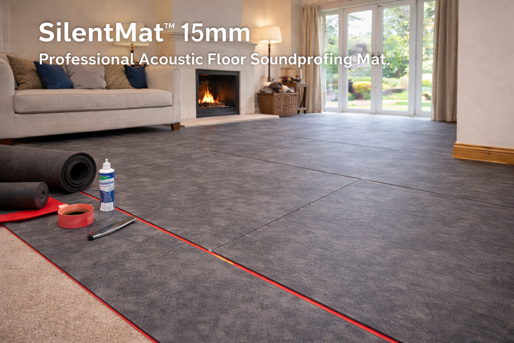 SilentMat™ 15mm Professional Acoustic Floor Soundproofing Mat installation scene, showcasing dark grey panels with red edges, a partially unrolled mat, and tools, demonstrating effective impact and airborne noise reduction.