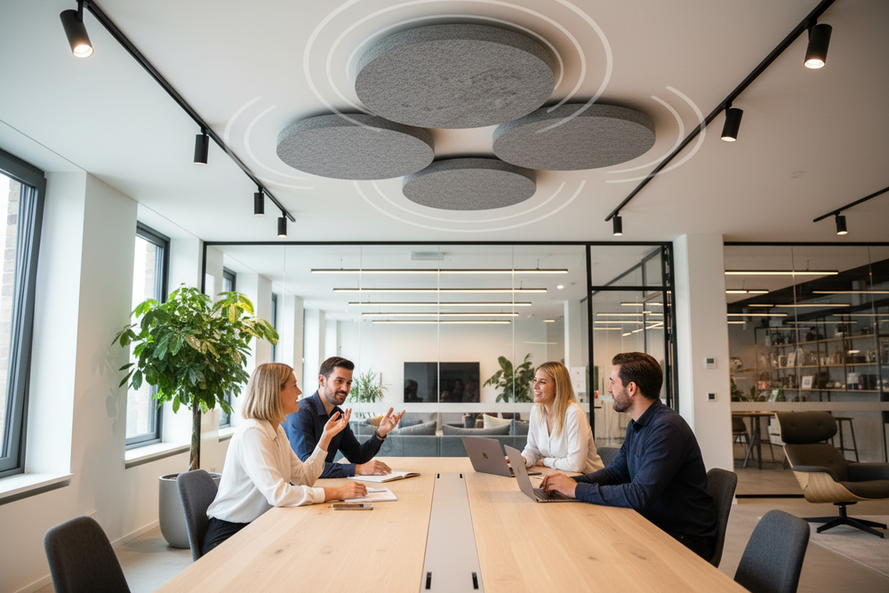 Premium Acoustic Ceiling Panel for Noise Reduction visible above a meeting table, enhancing soundproofing and acoustic insulation in a modern office setting. Ideal for improving communication in schools and restaurants.