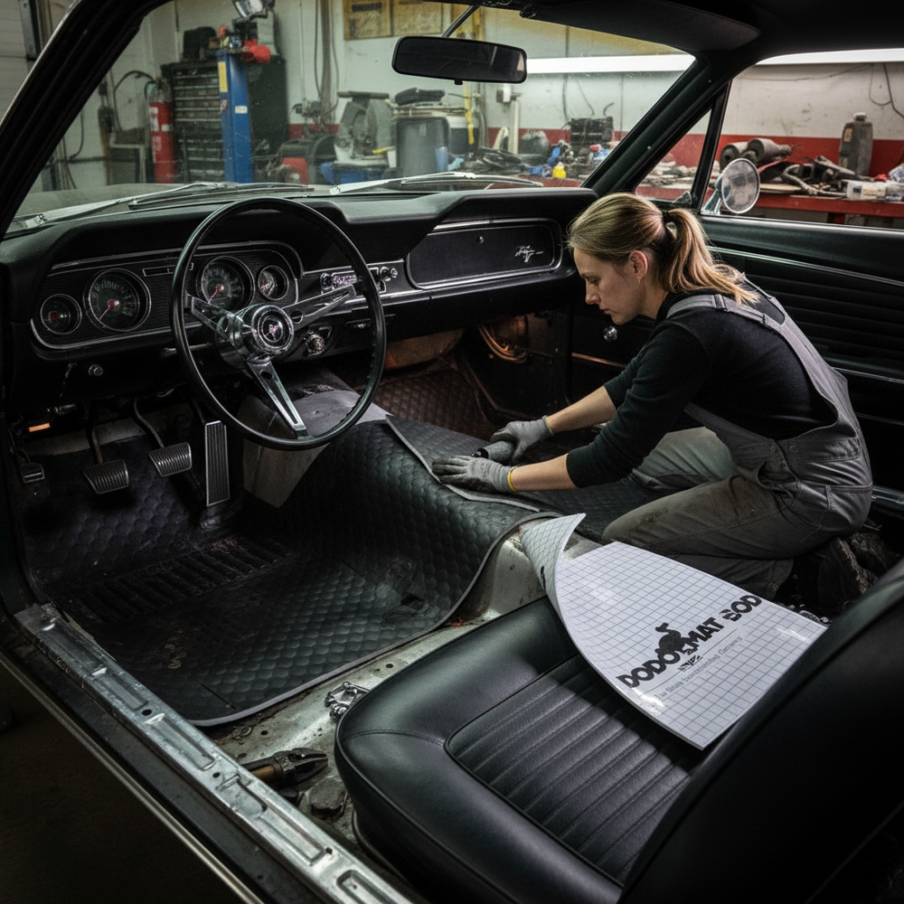 Technician installing Premium 2mm Sound Deadening Mat - 40 Sheets, Flexible Butyl Construction for Van Conversions in car's footwell, illustrating its acoustic insulation, noise reduction, and vibration damping capabilities in a workshop setting.
