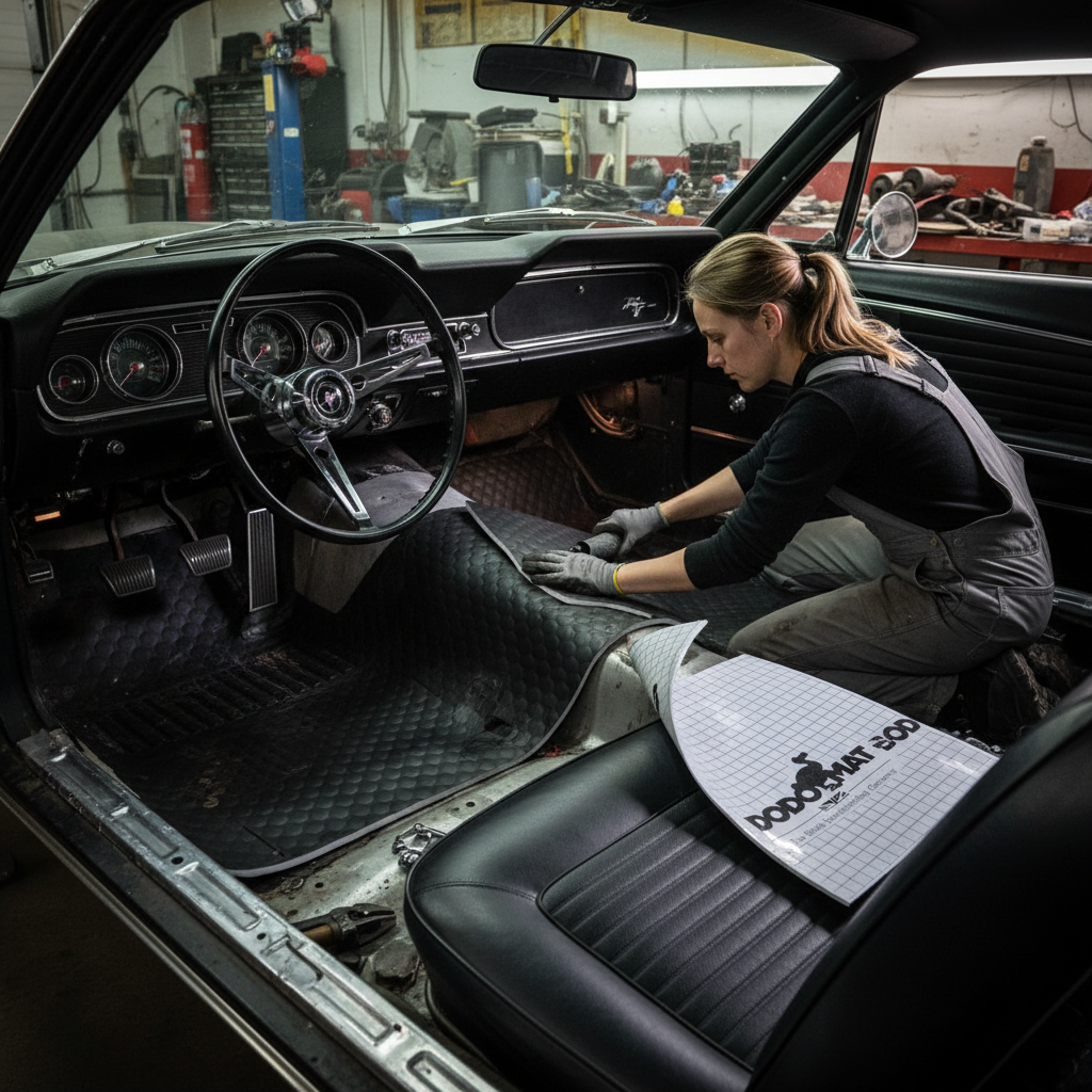 Technician installing Premium 2mm Sound Deadening Mat - 40 Sheets, Flexible Butyl Construction for Van Conversions in car's footwell, illustrating its acoustic insulation, noise reduction, and vibration damping capabilities in a workshop setting.