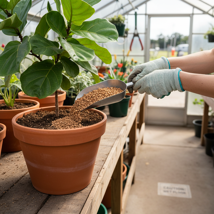 Person using gardening gloves to scoop Premium High-Performance Cork Granules 5-15mm into a pot with a fiddle-leaf fig, illustrating their soundproof and acoustic insulation properties, ideal for noise reduction and vibration damping.