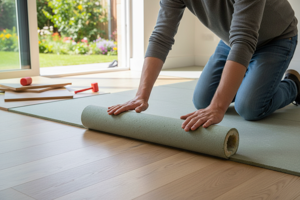 Kneeling person unrolls gray foam underlayment in preparation for installing Premium Acoustic Floor Board 17mm, a soundproof system with reconstituted foam and moisture-resistant construction, ideal for noise reduction and sound insulation.