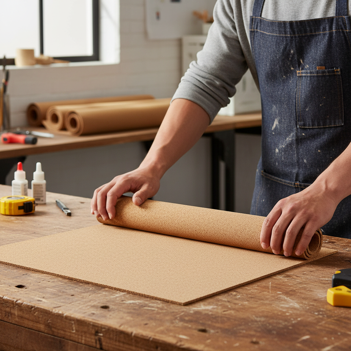 Premium High Density Cork Rolls - 915mm x 305mm - 1.5mm Thick - Pack of 6 for Train Track Underlay, shown in a workshop with tools, ideal for soundproofing and noise reduction applications.