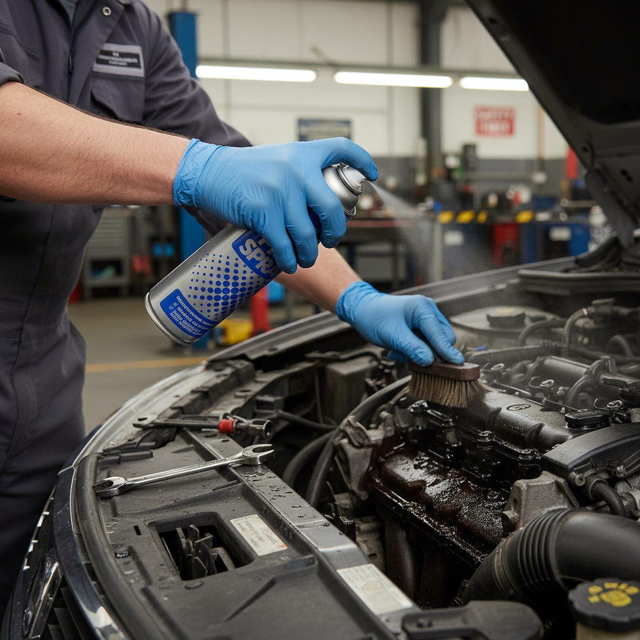 Professional 500ml Panel Preparation Spray user scrubs car engine valve cover, showcasing effective soundproofing preparation for optimal adhesion in automotive noise reduction and vibration damping applications.