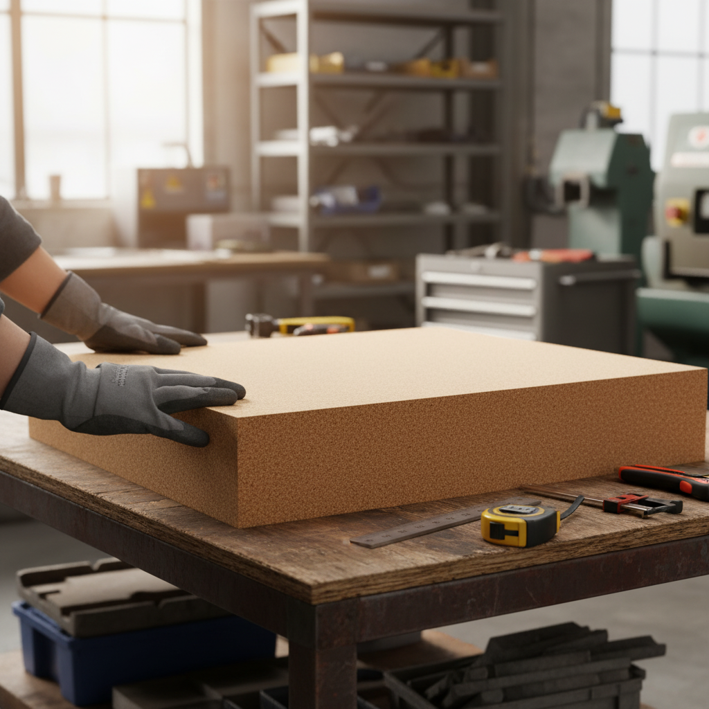 Premium Fine Grain Non-Adhesive Cork Sheet 915mm x 610mm x 150mm, ideal for CNC and routering projects, handled by gloved hands on a workshop bench with tools for acoustic and soundproof applications.