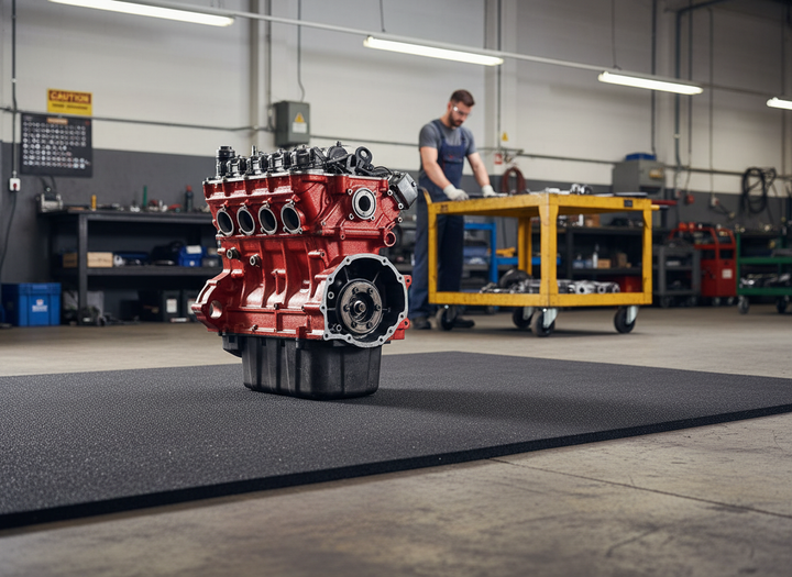 Premium Acoustic M20 Rubber Sheets - 20mm Thickness for Effective Sound Insulation, 1m x 1m Size, displayed on a concrete floor in a professional workshop, ideal for soundproofing and noise reduction.