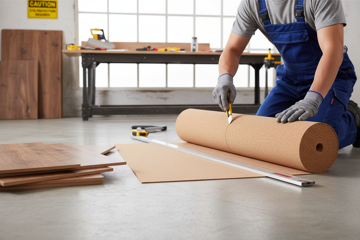 Premium Natural Cork Underlay Roll - 1m x 3m for Laminate Flooring with Various Thickness Options being cut to size on a subfloor, illustrating its use in soundproof and acoustic insulation applications.