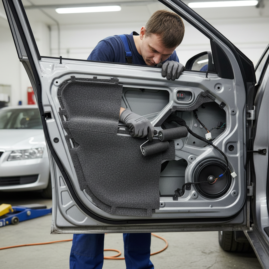 Technician applies Premium Noise Isolator 6mm in car door for soundproofing; ideal for acoustic insulation and noise reduction in vehicles and homes, enhancing sound insulation and vibration damping.