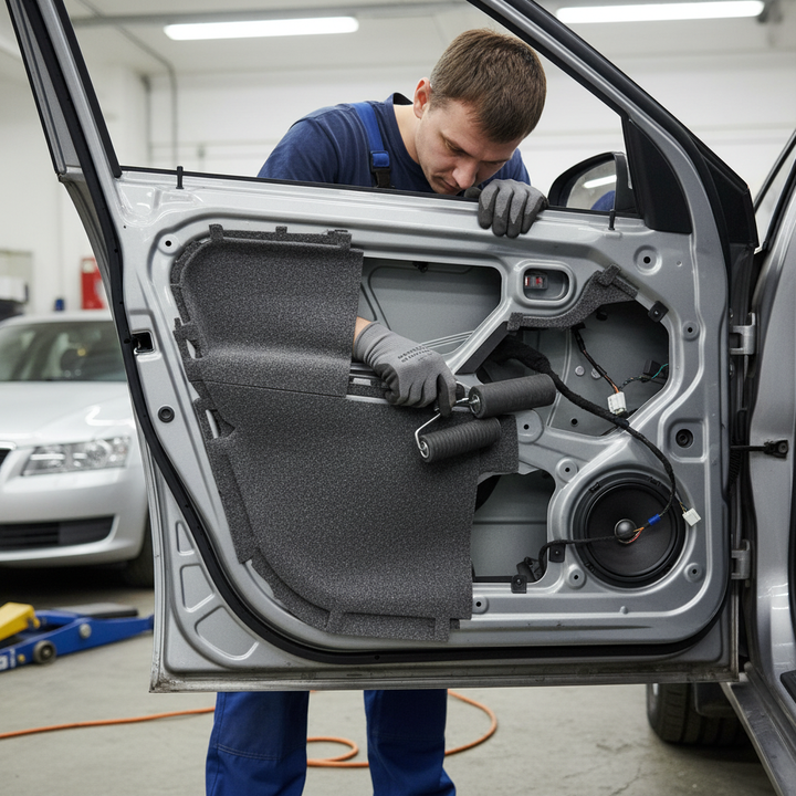 Technician applies Premium Noise Isolator 6mm in car door for soundproofing; ideal for acoustic insulation and noise reduction in vehicles and homes, enhancing sound insulation and vibration damping.