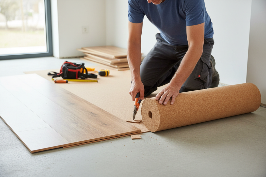 Installing Premium Natural Cork Underlay Roll 1m x 2m - Moisture Resistant and Lightweight for Flooring Applications over cork underlayment, ideal for soundproof, acoustic, and noise reduction in laminate or wood flooring.