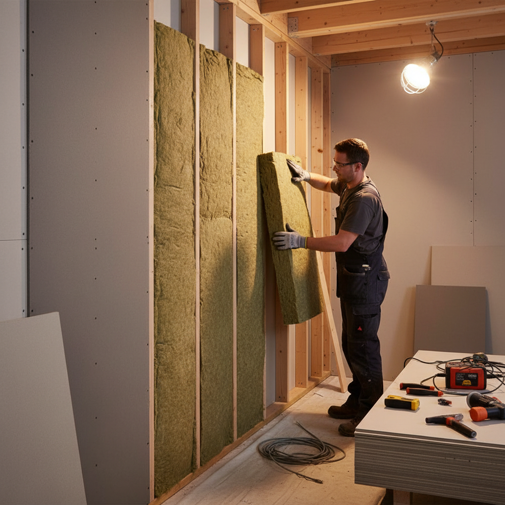 Tradesman fits Premium Acoustic Insulation Sound Slab 50mm for Walls and Floors, showcasing soundproof, noise reduction, acoustic properties, and high fire resistance, with tools and drywall nearby in a renovation setting.