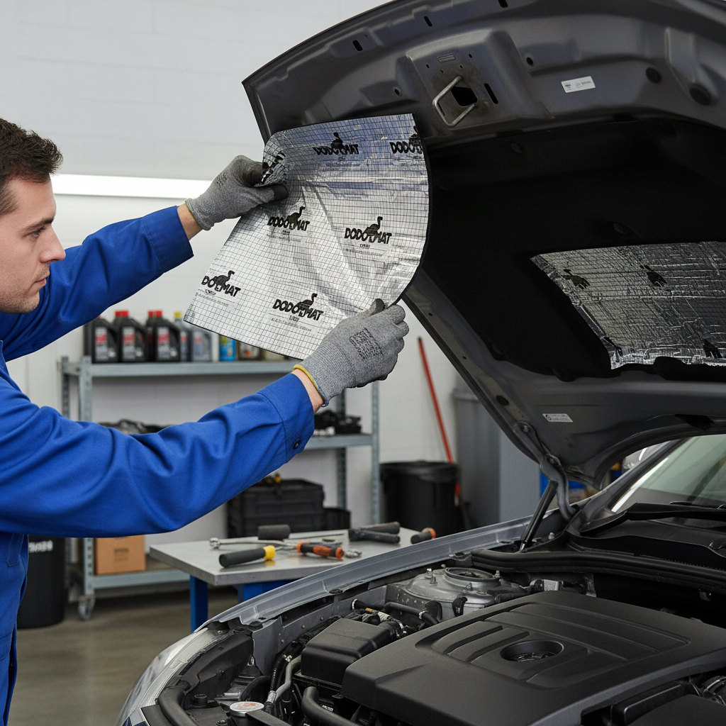 Technician installs Premium Thermal Acoustic Bonnet Liner - 10mm Self-Adhesive Foam with Reinforced Aluminium for Noise Reduction and Heat Insulation, offering soundproofing and heat protection under car hood.