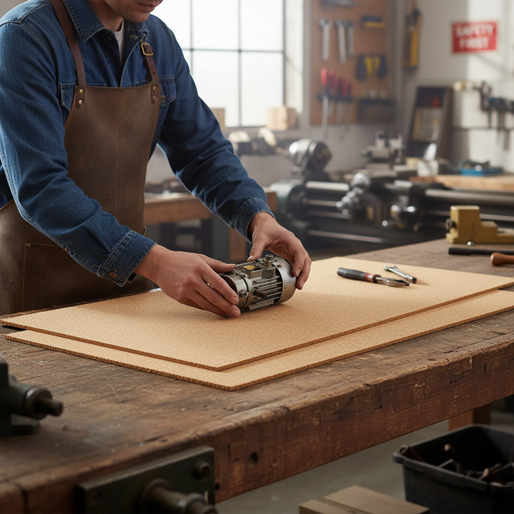 Premium High Density Cork Rolls - 915mm x 305mm - 3mm Thick, Pack of 4 for Train Track Underlay, showcased in a workshop setting with tools, ideal for soundproofing and vibration damping applications.