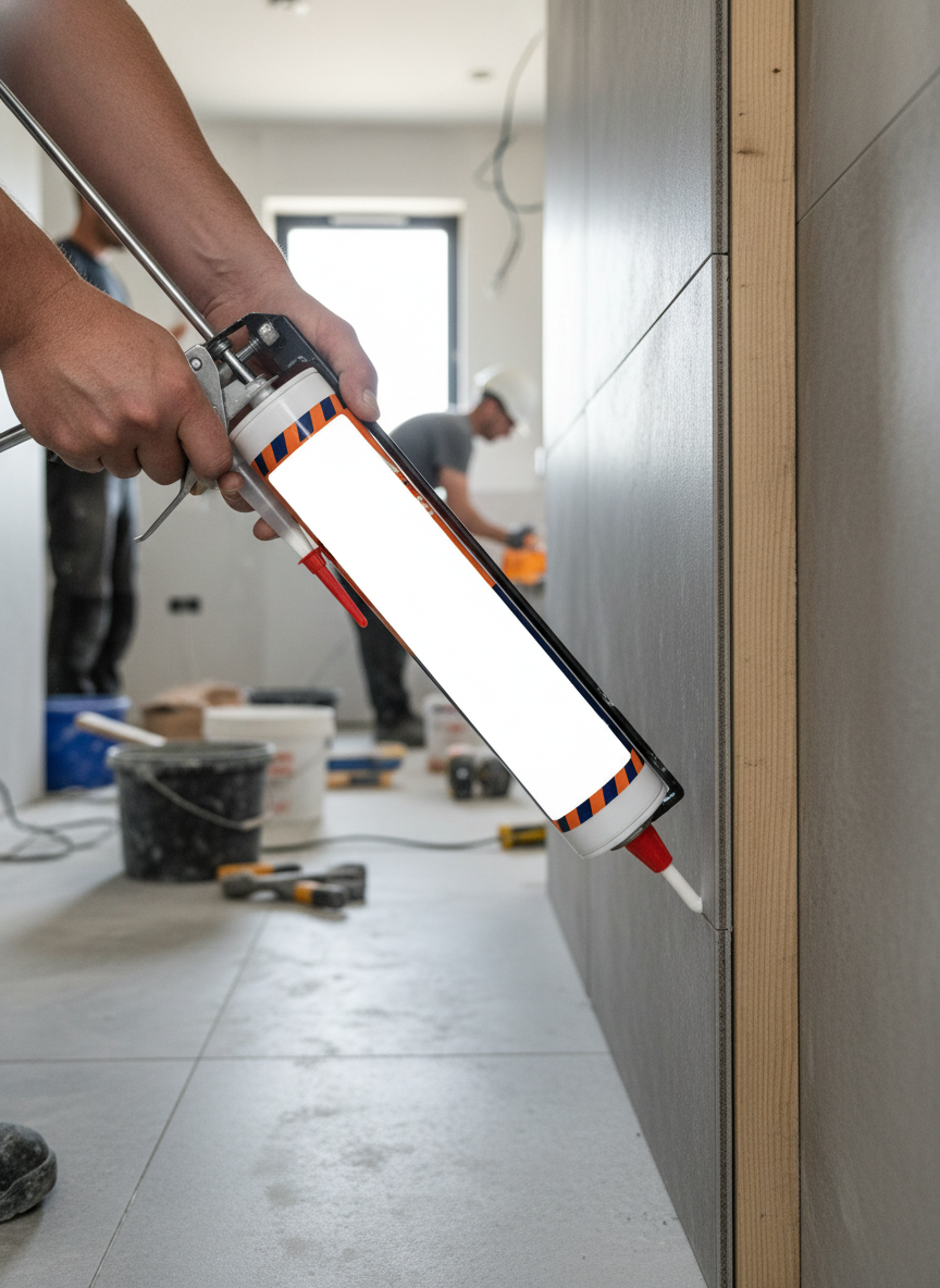 Tradesperson applies Premium Mega Strength Adhesive 310ml for Backer Board, featuring fast setting, waterproof, high bond strength—ideal for soundproofing and acoustic insulation in renovation settings.