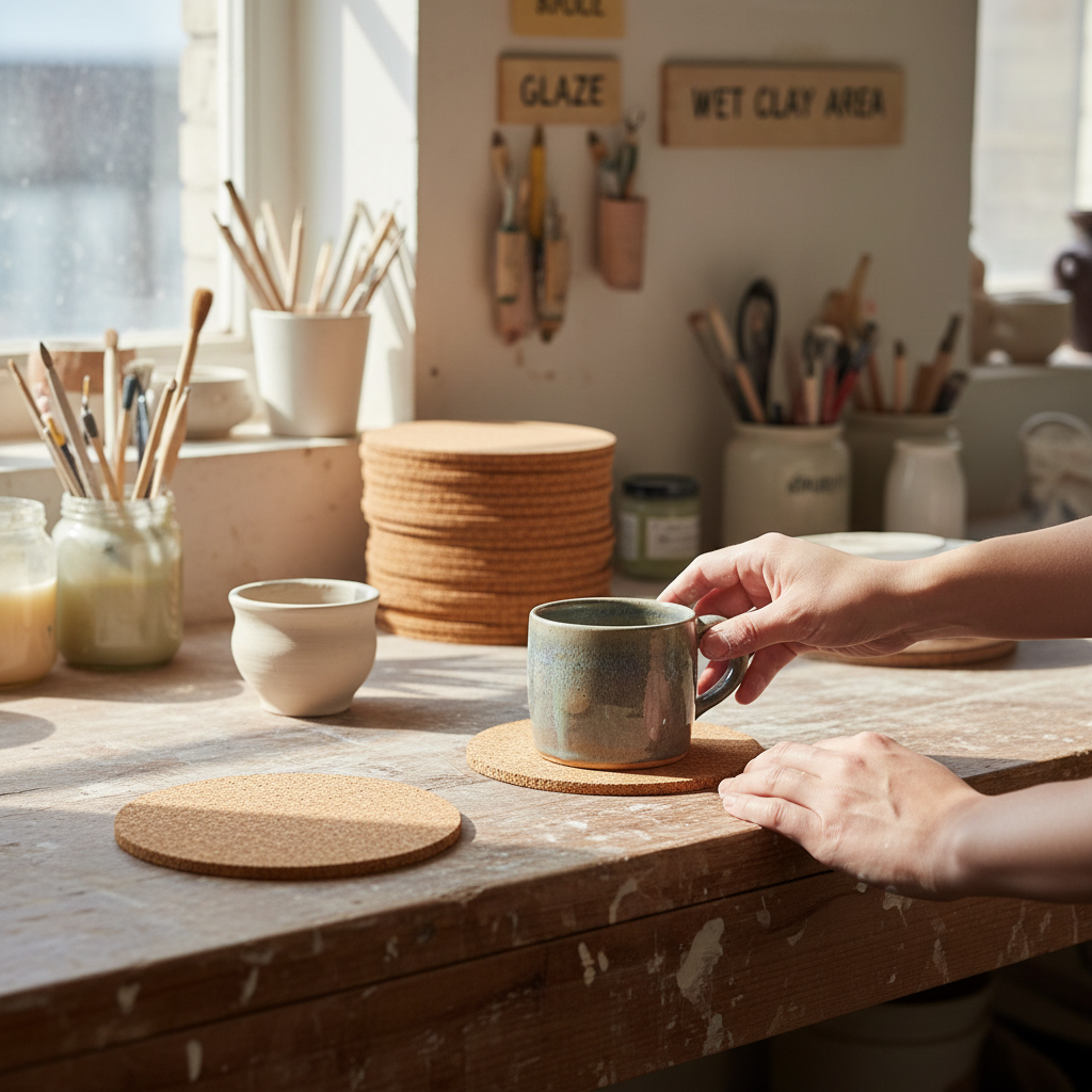 Premium Non-Adhesive Cork Coaster Sheets - 100mm Diameter, 3mm Thick, Pack of 38, displayed on a pottery studio workbench, ideal for acoustic projects, soundproofing, and protecting surfaces from moisture and vibration.