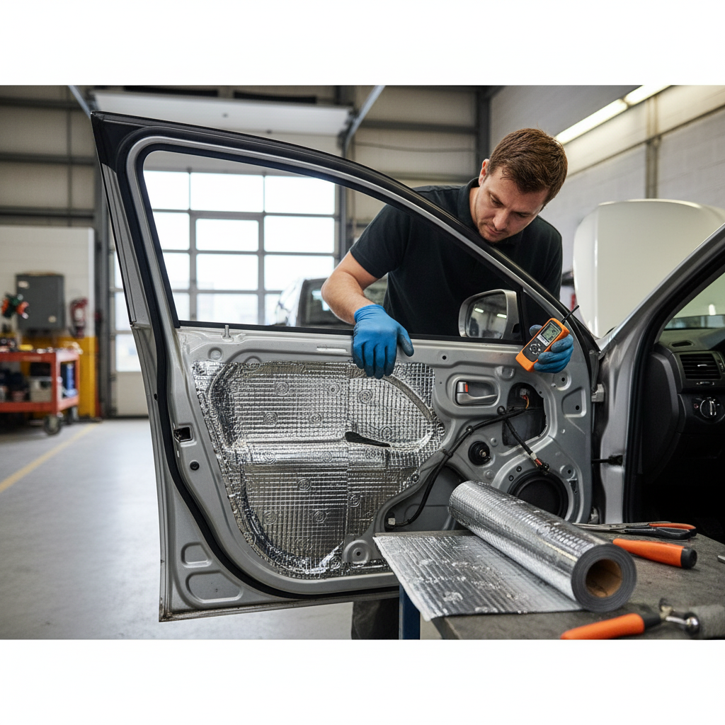 Technician applying Premium 2mm XL Damping Mat for soundproofing and vibration control inside a car door, with tools and insulation material visible, highlighting sound insulation and noise reduction capabilities.