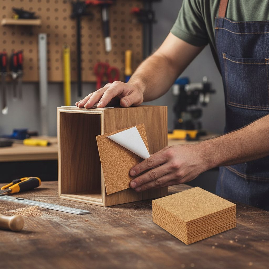 Woodworker applying Premium Adhesive Coaster Cork Sheets 100mm x 100mm - 2mm Thick, 50 Sheets for Versatile Applications, ideal for soundproof, acoustic, noise reduction, and vibration damping projects in a workshop setting.
