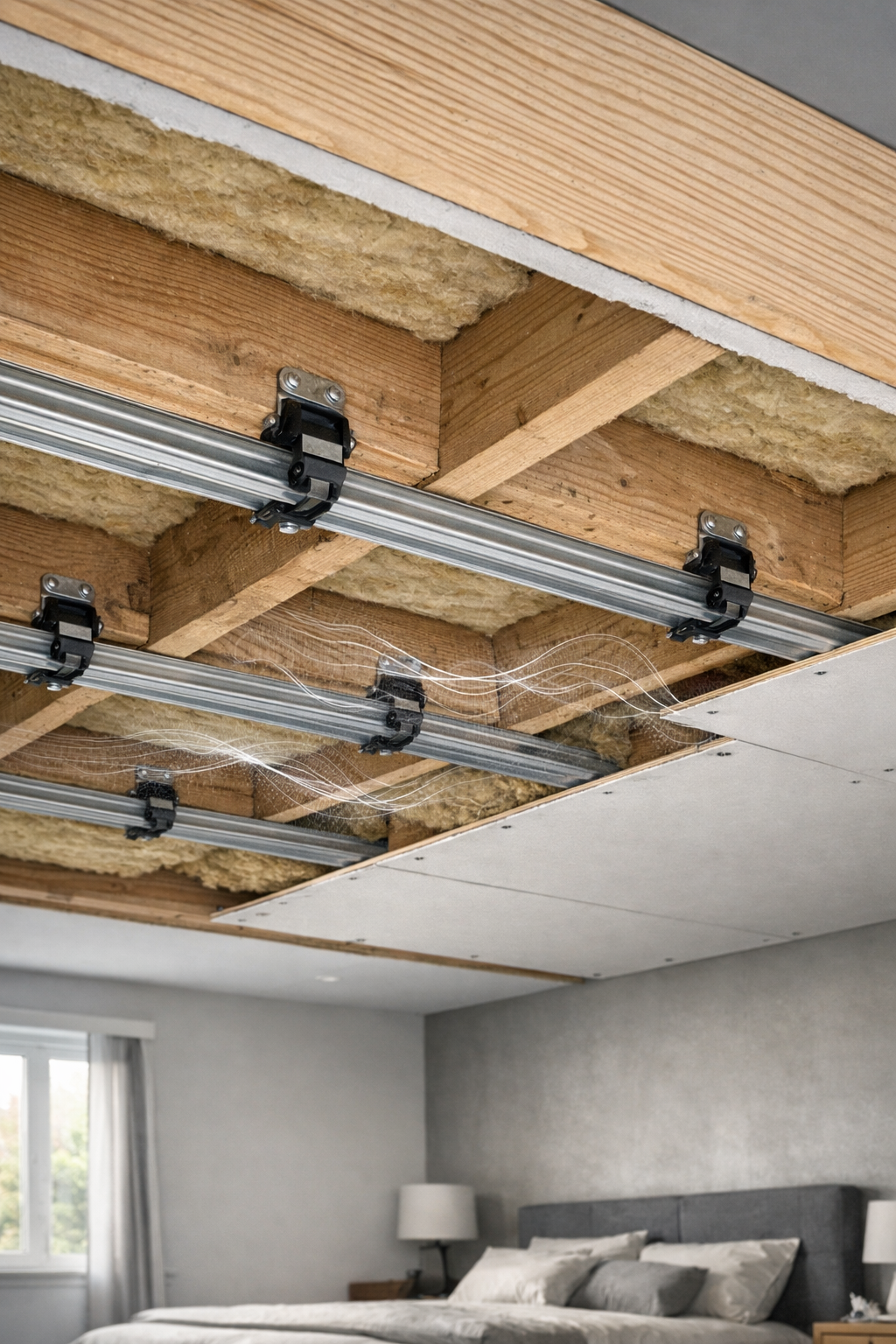 SilentCloud acoustic isolation clip system showing close-up of rubber-isolated clips and galvanised top-hat channels with mineral wool insulation and partial plasterboard installation in a modern bedroom.