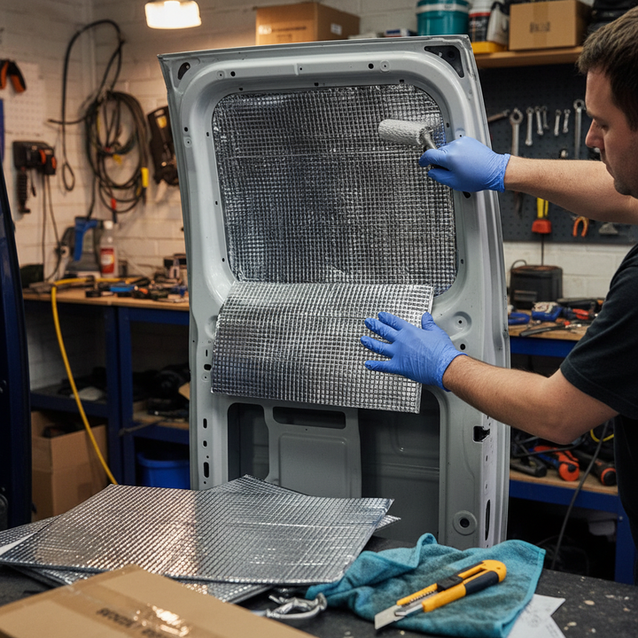 Person installing Premium Self-Adhesive Sound Deadening Material - 20 Sheets, Butyl Construction, Flexible Installation for Noise Reduction on van door, using roller; additional sheets and tools on workbench nearby.