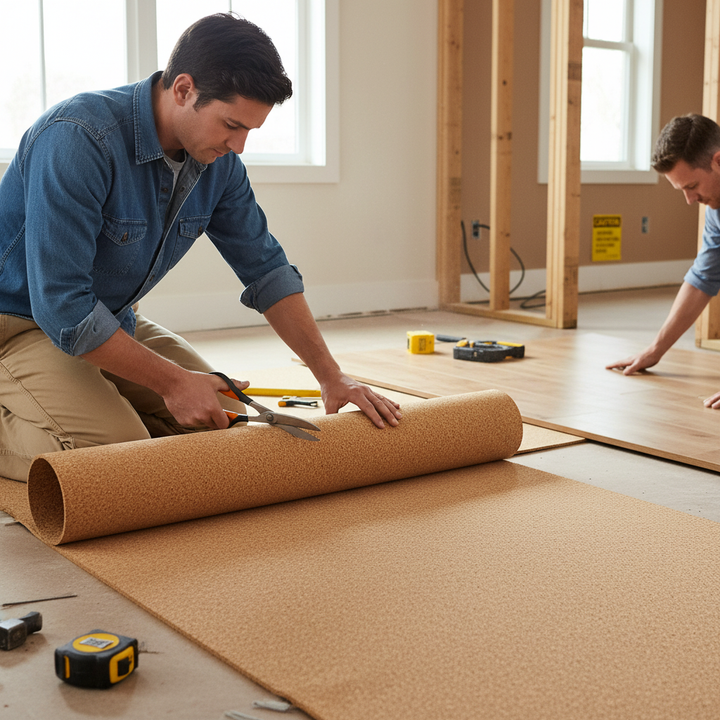 Two people install flooring using a Premium Fine Grain Large Cork Roll, 2m x 1m, 2mm thick, ideal for soundproofing and acoustic insulation. Tools like scissors, a utility knife, and planks are visible.