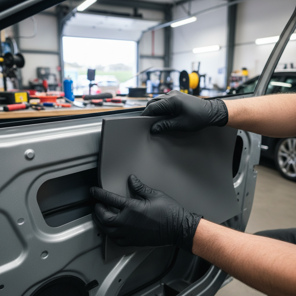 Person fitting Premium Mass Loaded Vinyl with Closed Cell Foam Layer onto car door, showcasing soundproof and acoustic noise reduction for enhanced automotive sound insulation and vibration damping. Black nitrile gloves indicate professional installation.
