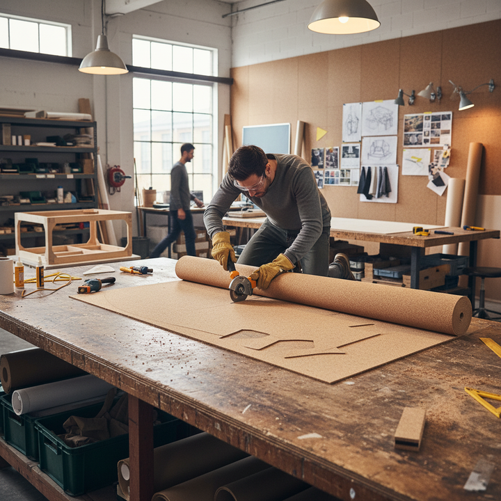 Craftsman cutting Premium Fine Grain Large Cork Roll 8m x 1m - 3mm Thick for Interior Walls, ideal for soundproofing and acoustic insulation, amidst a workshop with tools and design sketches.