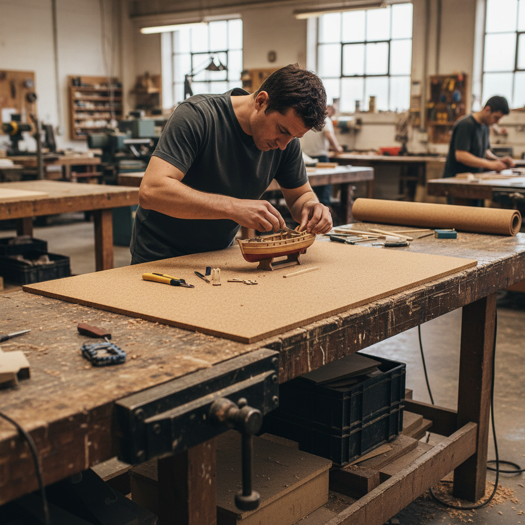 Man in workshop assembling ship model, surrounded by tools, representing the meticulous crafting process ideal for Premium Fine Grain Non-Adhesive Cork Sheets, 915mm x 610mm, 4mm thick—ideal for acoustic applications and pinboards.