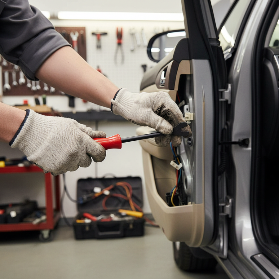 Technician uses Premium Door Card Panel Remover Tool with Heat Treated Shaft and Solid Grip Handle to efficiently remove fasteners from a car door panel, aiding sound insulation and acoustic optimization in vehicles.
