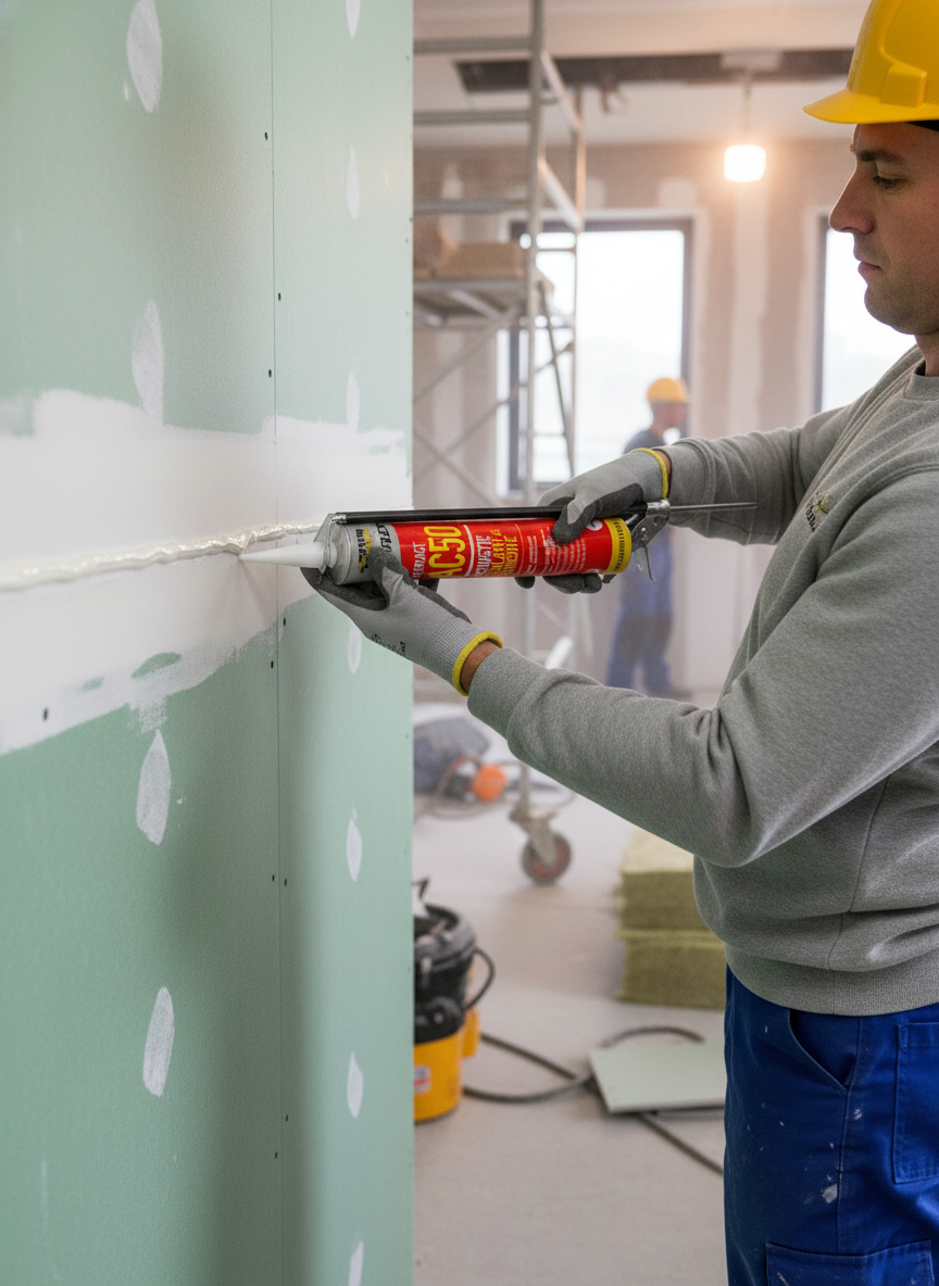Tradesman in construction site applies High-Performance Acoustic Sealant 900ml to drywall joint, ensuring soundproofing and noise reduction. Ideal for walls and ceilings, enhancing sound insulation and vibration damping.