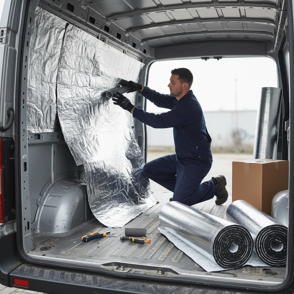 Tradesman installing the Premium Large Van Insulation and Sound Deadening Kit, featuring a high-performance 10mm liner and 2mm deadening, for enhanced acoustic insulation and noise reduction in vehicle interiors.