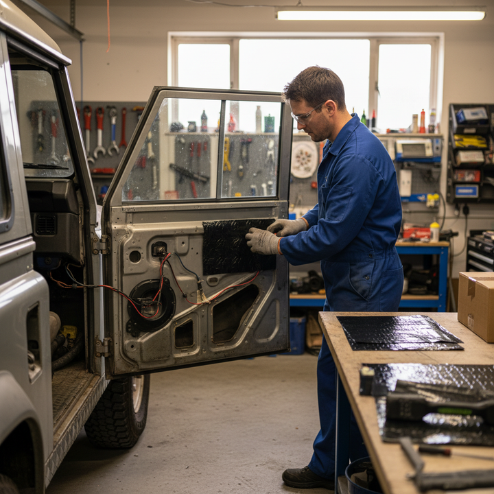 Technician installs Premium Sound Deadening Kit for Land Rover 110, featuring 140 sheets of 2mm Silent Coat for superior acoustic noise reduction and vibration damping within a vehicle door frame.