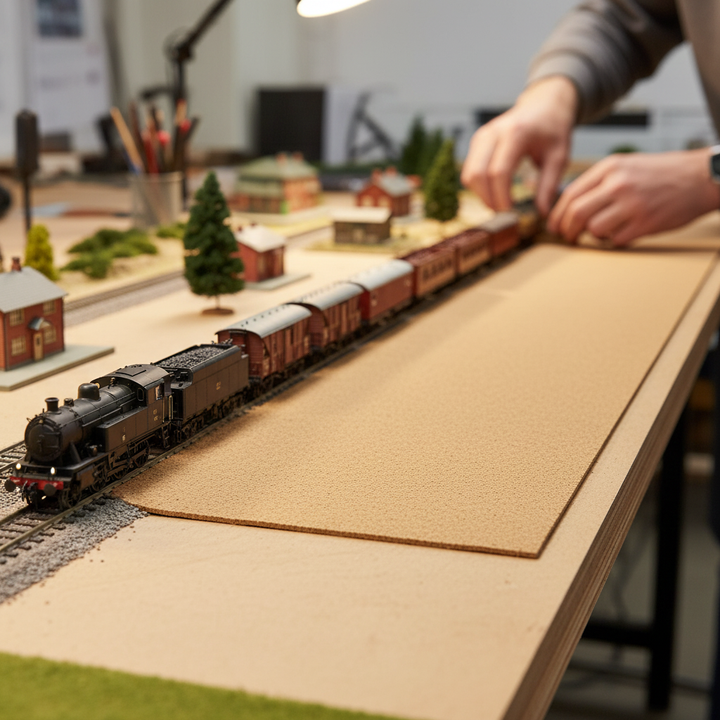 Model railway in progress featuring a Premium Fine Grain Model Railway Track Underlay Cork Roll - 1 Meter Wide and 3 mm Thick for All Gauges, enhancing sound insulation and vibration damping with easy installation.