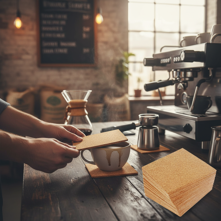Premium Non-Adhesive Cork Coaster Sheets - 90mm x 90mm, 3mm Thick, Pack of 38, shown under a steaming coffee mug in a café setting, ideal for soundproofing and acoustic applications.