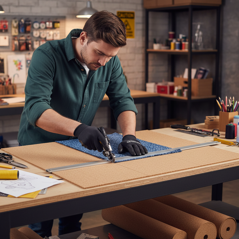 Man in workshop precisely cutting fabric over cork-like material with a rotary cutter. Premium High Density Cork Rolls - 915mm x 305mm - 1.5mm Thick - Pack of 6 for Train Track Underlay, ideal for soundproofing and acoustic applications.