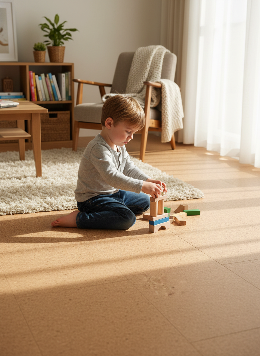 Young boy on Premium Natural Cork Flooring - 600mm x 300mm Tiles, 4mm Thick, 1.98m² Coverage, Comfort and Sound Dampening, showcasing acoustic insulation and noise reduction benefits in a bright living room.