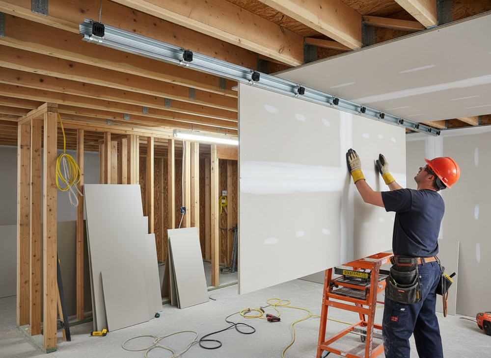 Premium Top Hat Furring Channel - 1850mm for Resilient Bar Applications with Enhanced Bridging Resistance, visible during installation in a construction site, ideal for acoustic soundproofing and noise reduction in residential and commercial projects.