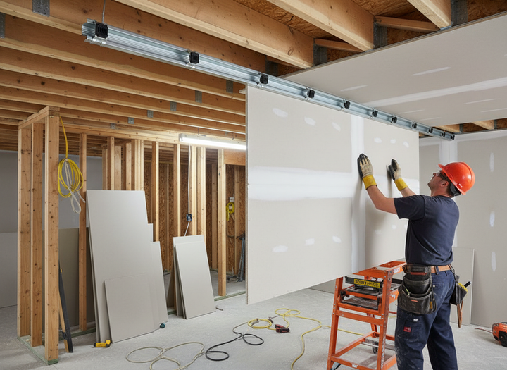 Premium Top Hat Furring Channel - 1850mm for Resilient Bar Applications with Enhanced Bridging Resistance, visible during installation in a construction site, ideal for acoustic soundproofing and noise reduction in residential and commercial projects.