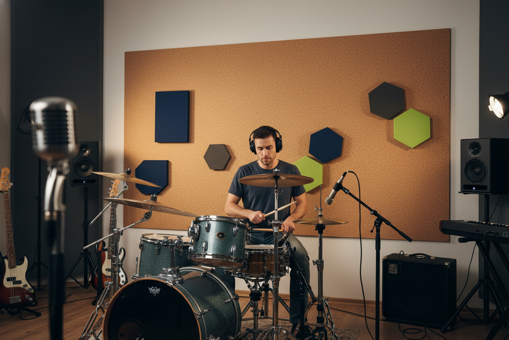 Young drummer with headphones plays a sparkling drum set in a soundproof studio with acoustic panels. Features Premium Large Cork Roll - 10m x 1m x 4mm Thick Natural Underlay for sound insulation.