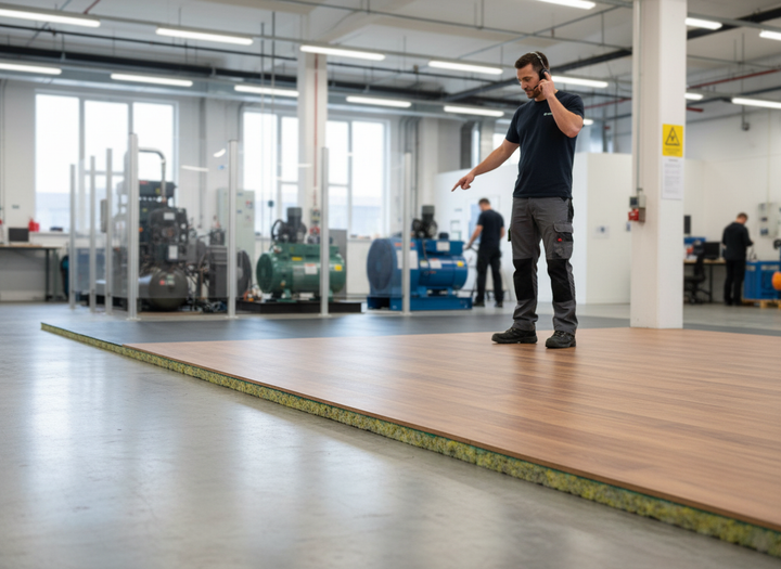 Premium Acoustic Flooring System 10mm Thick for Impact Noise Reduction displayed in an industrial workshop, highlighting its wood-finish layer over foam underlayment, ideal for soundproofing and noise insulation in various environments.