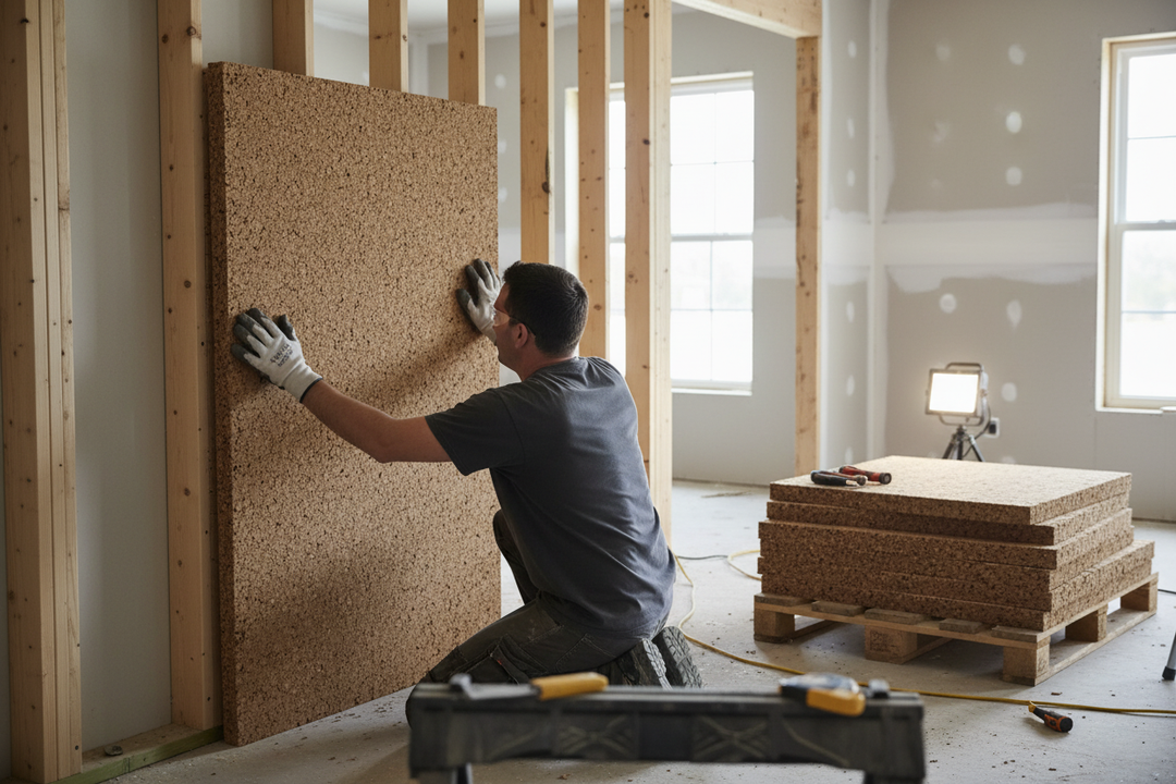 Tradesman fitting a Premium Insulation Cork Board Pack of 8 Sheets 1000mm x 500mm - 40mm Thick for High Energy Efficiency and Acoustic Insulation into a stud frame, ideal for soundproofing and noise reduction.