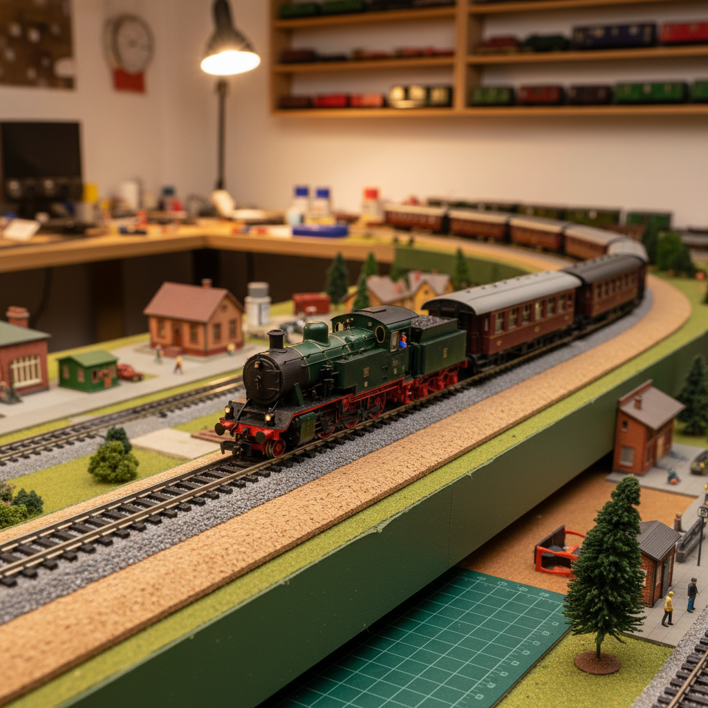 Premium Model Railway Cork Track Underlay Roll 10 Meter Long x 30mm x 4mm Thick, displayed on a workbench with model trains, enhances soundproofing, acoustic stability, and vibration damping for model railways.