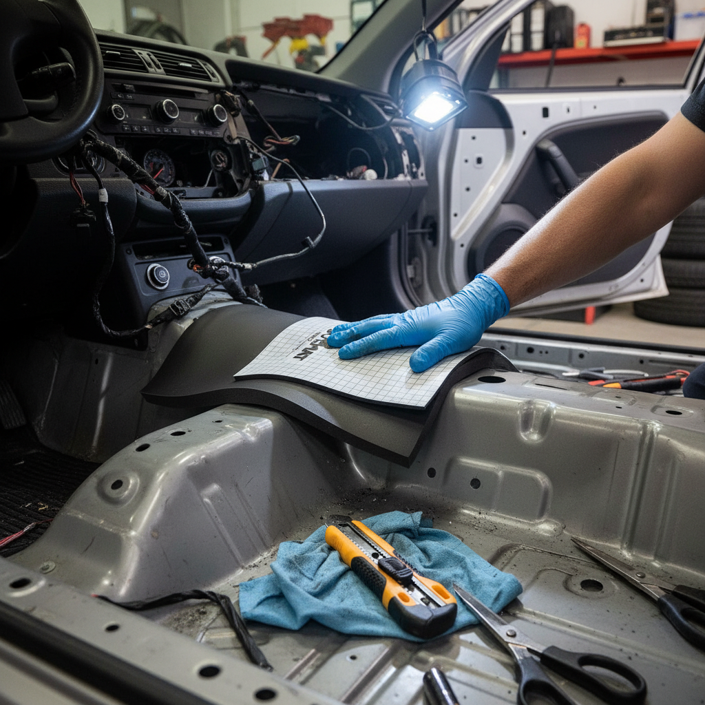 Technician installing Premium 5mm Self-Adhesive Foam Liner for Vehicle Heat and Sound Insulation - 2.5sq.m Coverage, enhancing acoustic absorption and thermal stability, amidst exposed car interior wiring and metal.