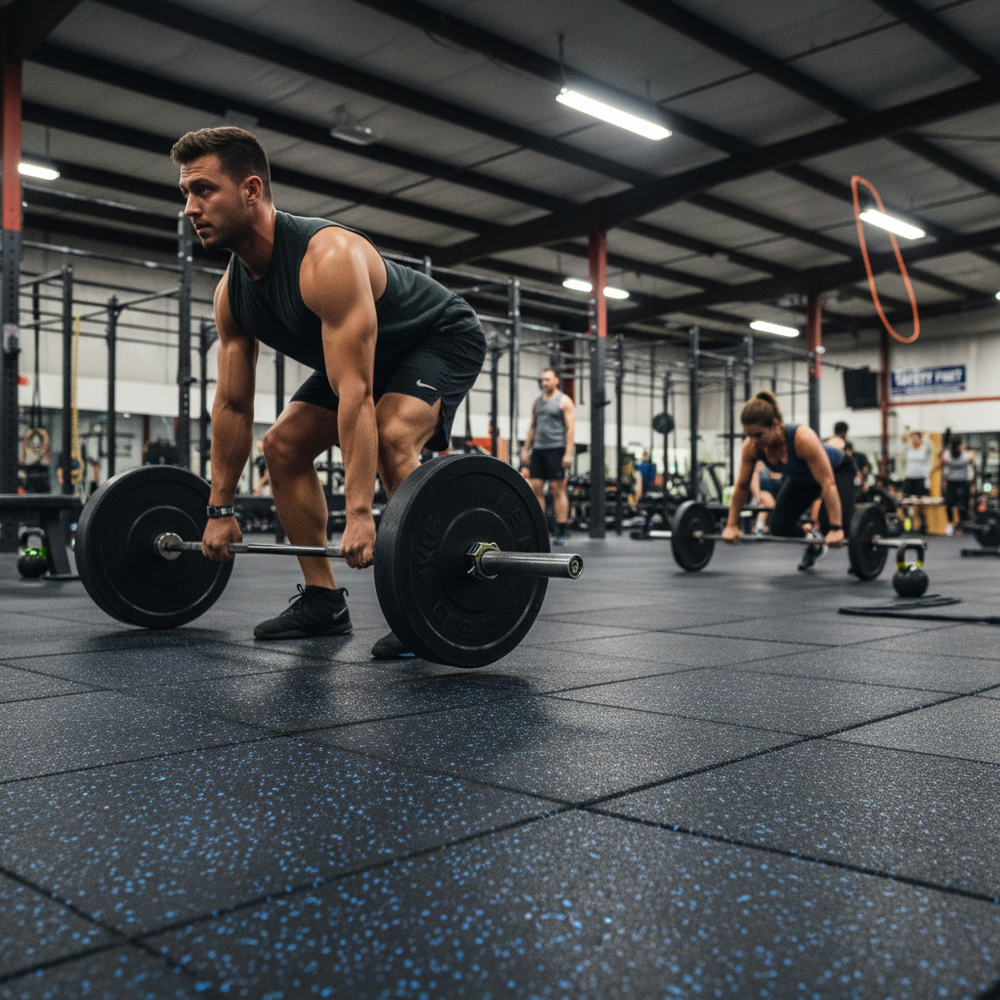 Premium Interlocking Gym Floor Tile—1m x 1m high-density rubber—provides superior durability and noise reduction in gym settings, visible beneath weightlifters on rubber-tiled floors, enhancing soundproofing and acoustic performance.