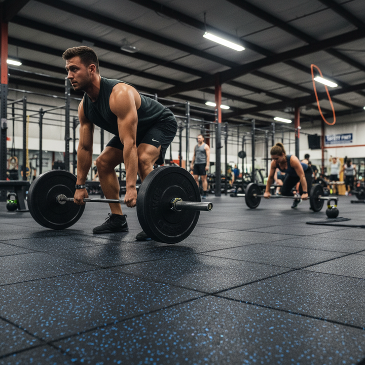 Premium Interlocking Gym Floor Tile—1m x 1m high-density rubber—provides superior durability and noise reduction in gym settings, visible beneath weightlifters on rubber-tiled floors, enhancing soundproofing and acoustic performance.