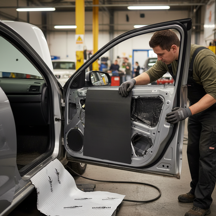 Automotive technician fits Premium Self-Adhesive Flexible Foam Liner for Vehicle Heat and Sound Insulation, 6mm thick, 3sq.m coverage, enhancing soundproofing and acoustic performance by reducing noise and vibration in car door panel.