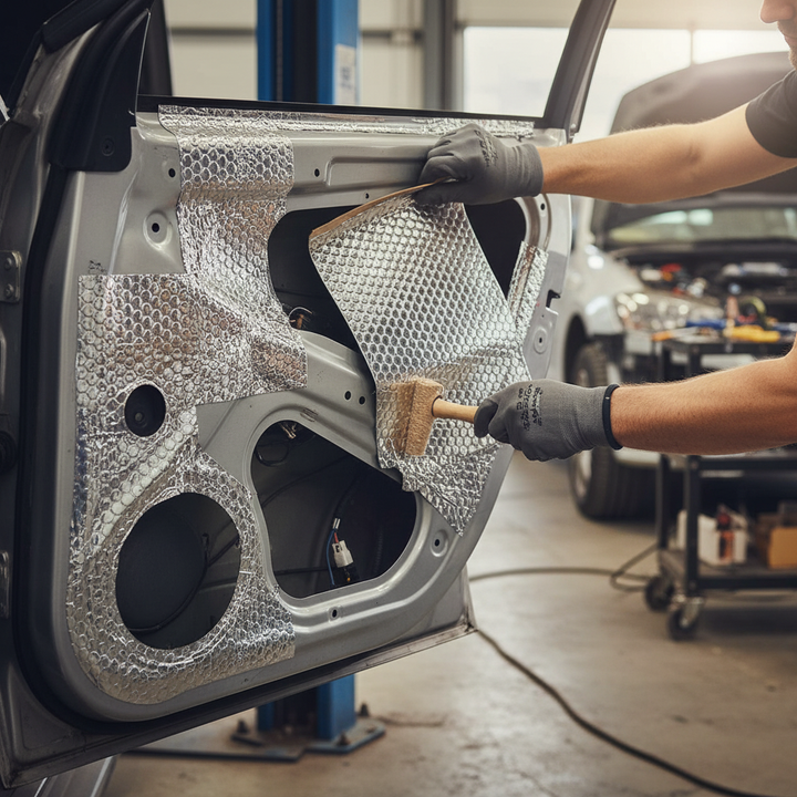 A gloved person installs Premium Self-Adhesive Sound Deadening Vibration Damper Sheets, featuring high-grade butyl construction, onto a car door panel for effective noise reduction and vibration damping.
