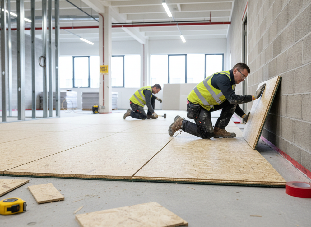 Tradesmen install Premium Acoustic Chipboard Panel 18mm with 5mm Acoustic Felt, using tongue and groove design for soundproof flooring. Noise reduction and sound insulation features are visible in construction setting.
