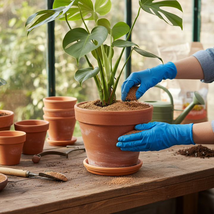 Person sprinkles Premium High-Performance Cork Granules - 1-2mm Size, 60-62kg/m³ Density, 3 Litres Volume for Construction and Sports Applications, enhancing soundproofing and acoustic insulation around a Monstera plant in a terracotta planter.