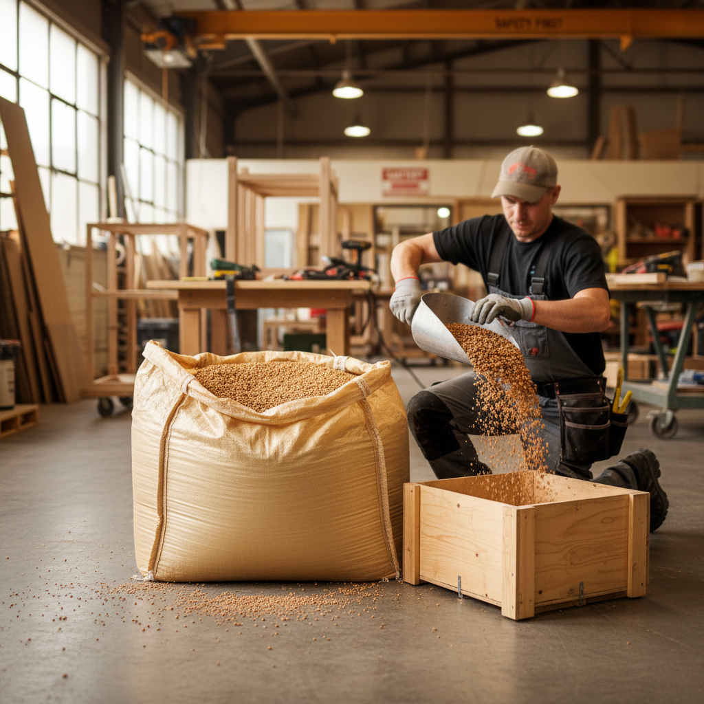 Man in workshop pouring Premium 30kg Bulk Bag High Quality Cork Granules - 0.5 - 1mm Size, 50-62kg/m³ Density, ideal for construction and sports applications, from scoop into wooden crate.